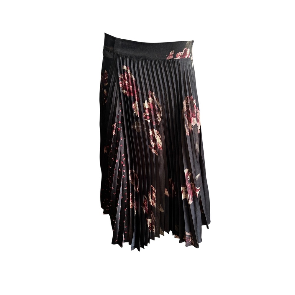 Vince Black Floral Pleated Wrap Midi Skirt Size 10 Accordion Pleat V496331295